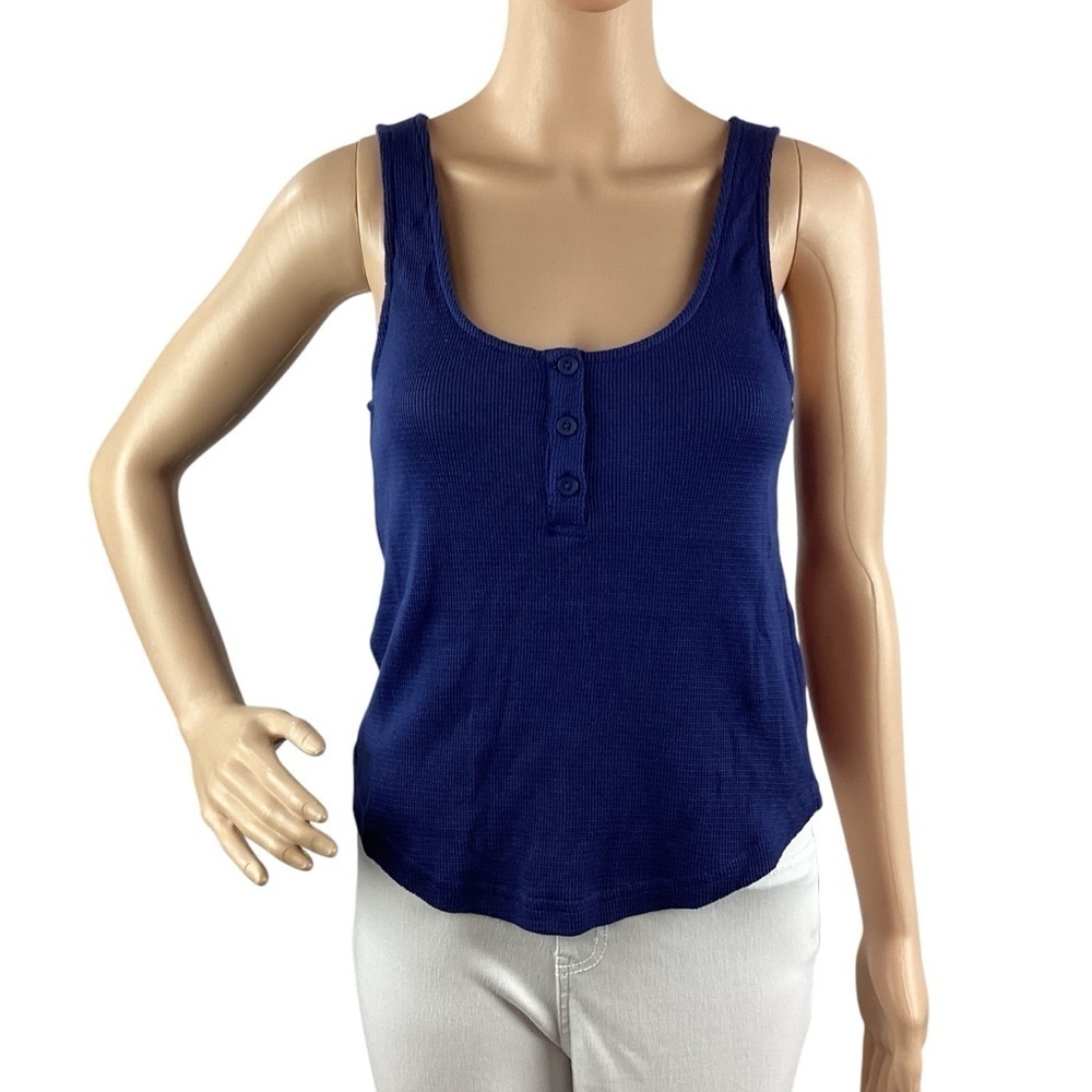 Monrow Baby Thermal Loose Henley Waffle Knit Tank Size S Blue
